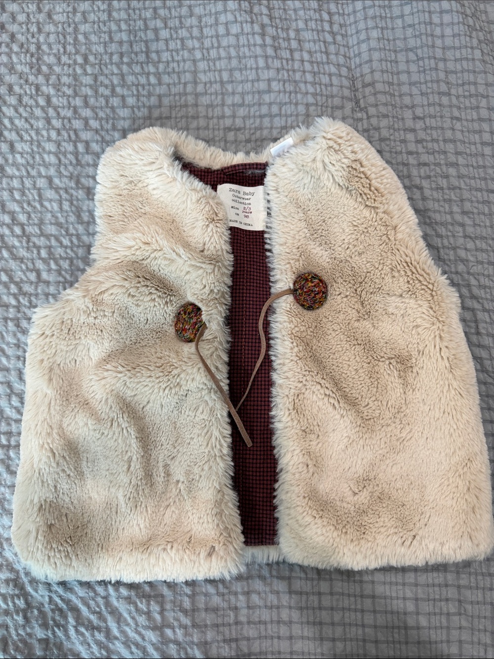 Zara Cream Faux Fur Vest with Multicolor Button Accents